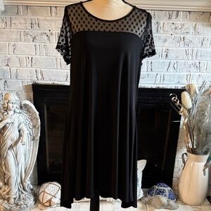 Nina Leonard Black Polka-Dot Mesh Yoke Midi Dress